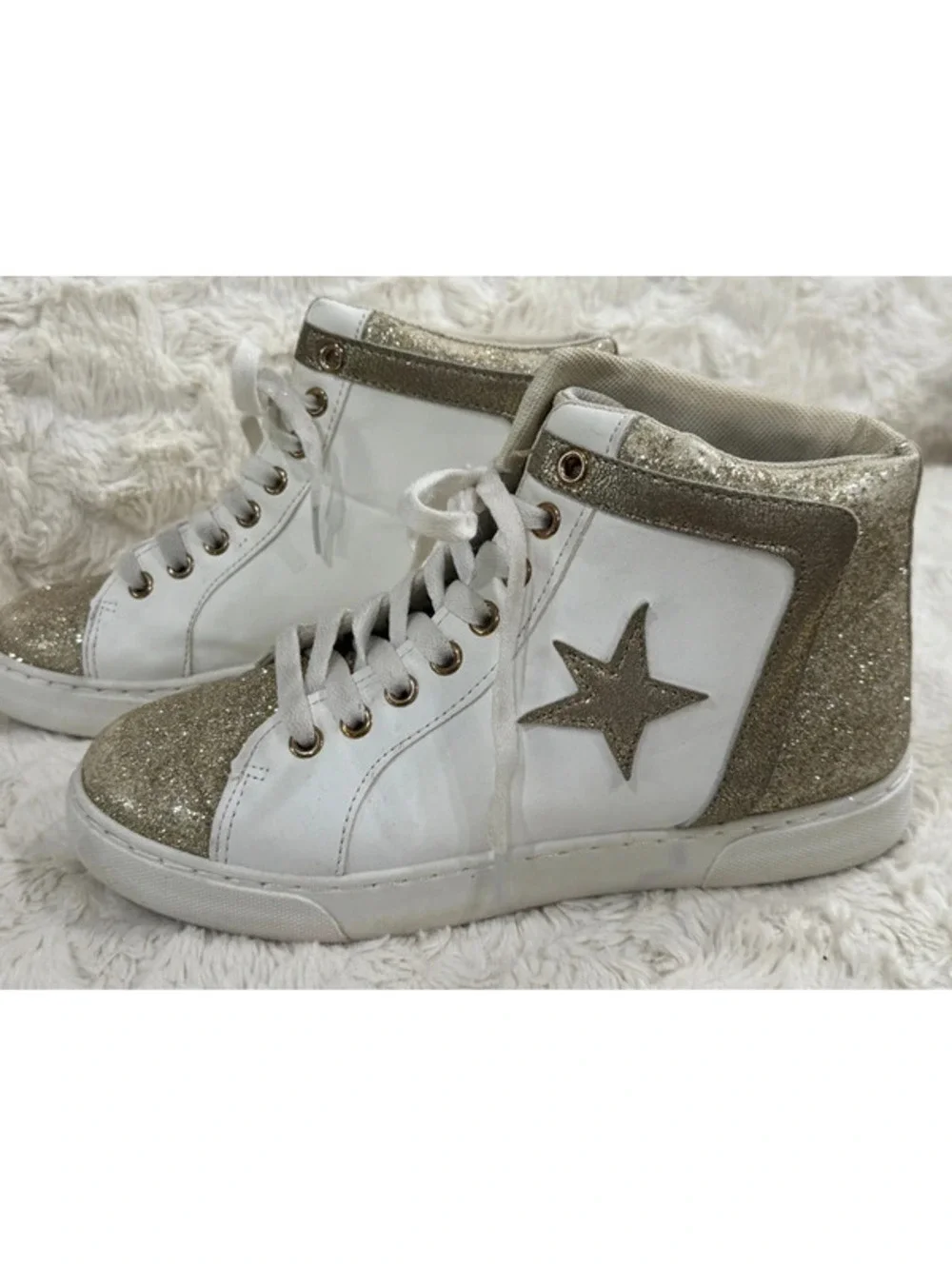 Women’s Boutique High-Tops, white and gold. Size 7